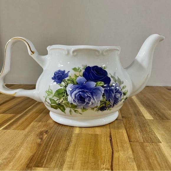 Porcelain Large Gloss White TeaPot with Dark Blue Purple Roses Gold Trim - Picture 2 of 16